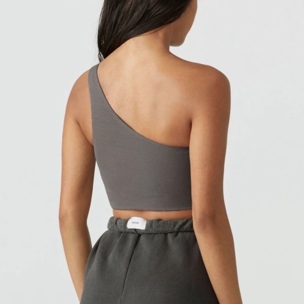 S/M JOAH BROWN CONCRETE GREY SINGLE STRAP FLEXRIB ONE SHOULDER CROP TOP - Picture 4 of 8